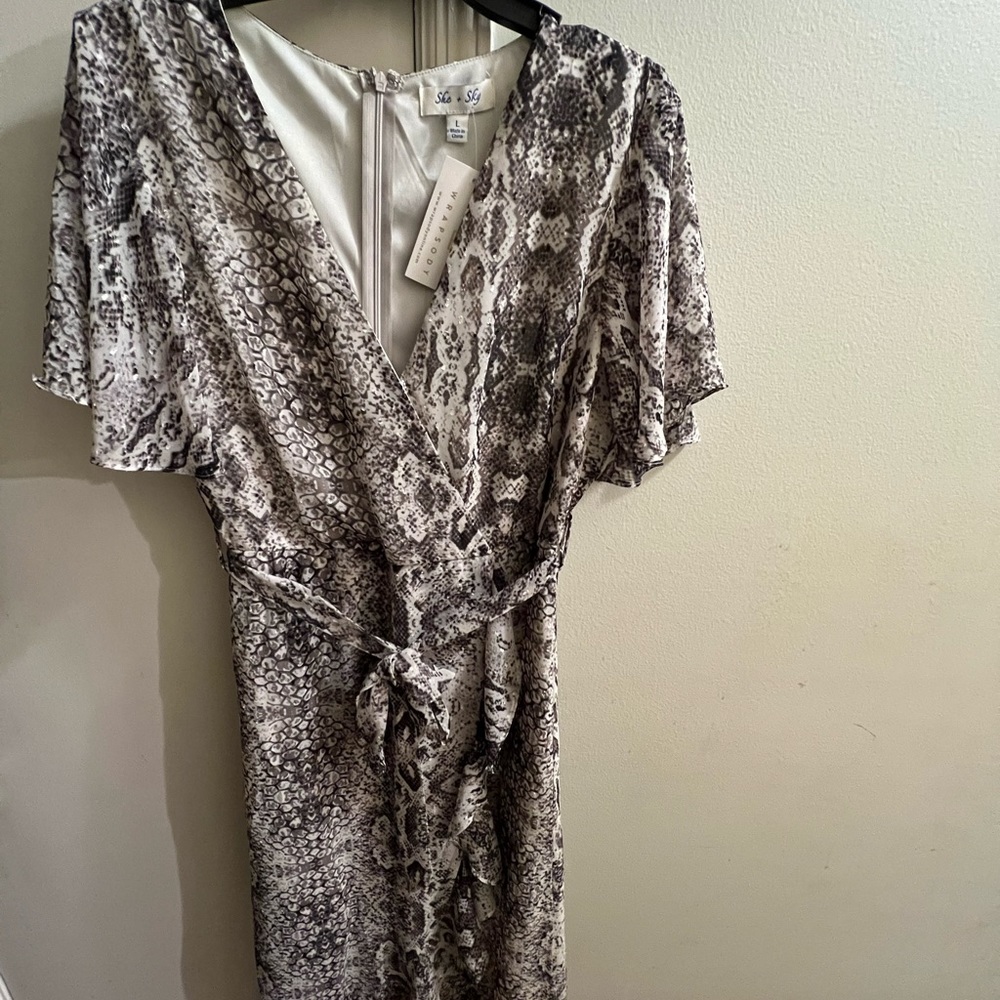 She and Sky tie snake print midi flutter dress
